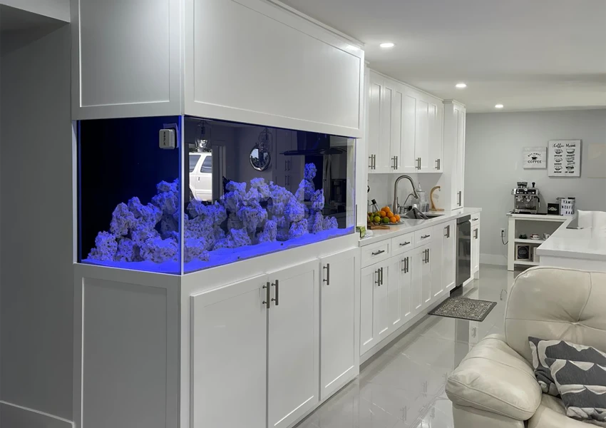 Custom-built aquarium fitted into open living and kitchen area