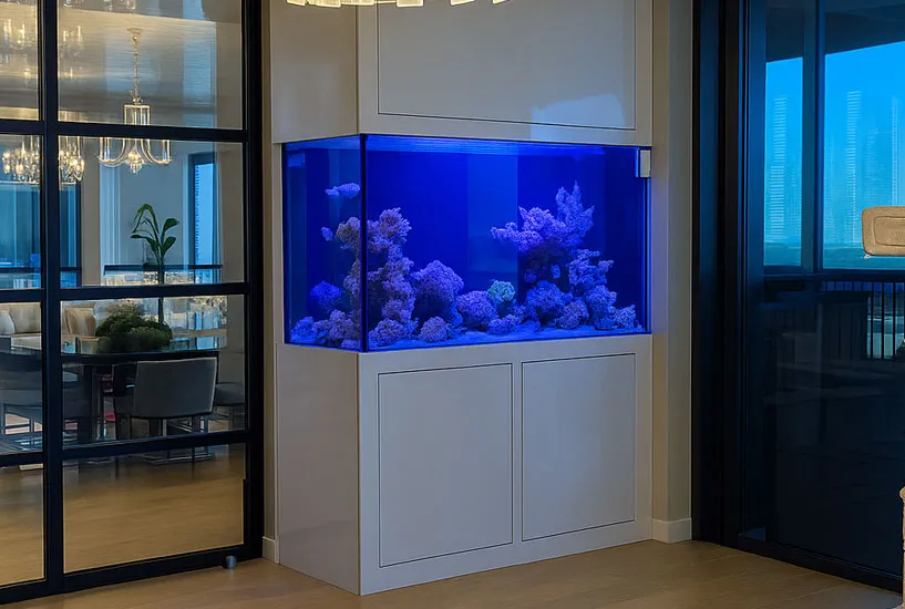 Built in custom aquarium modern interior Miami Saltwater tank installed in luxury Miami residence