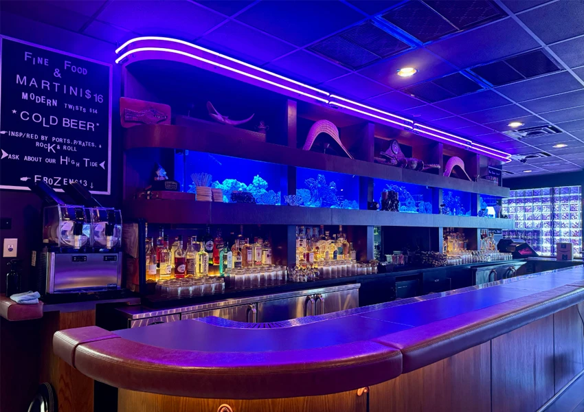 Custom aquarium integrated into a bar interior design.