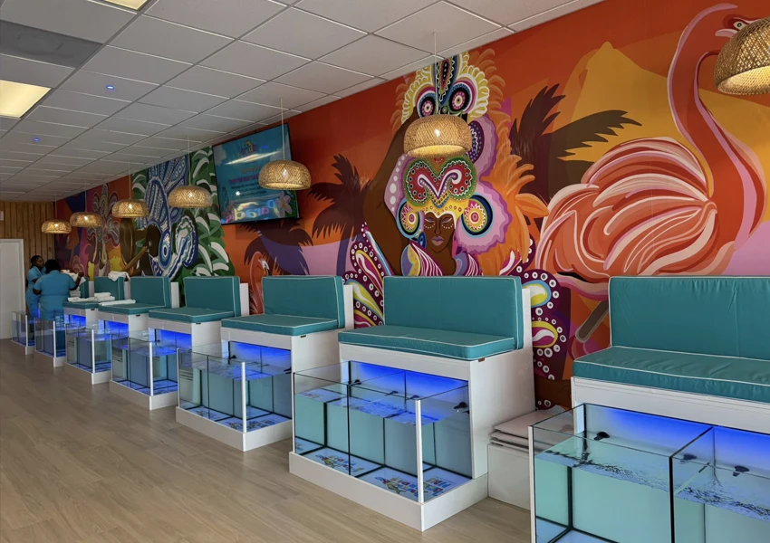 Custom aquariums installed inside a foot spa for relaxation.