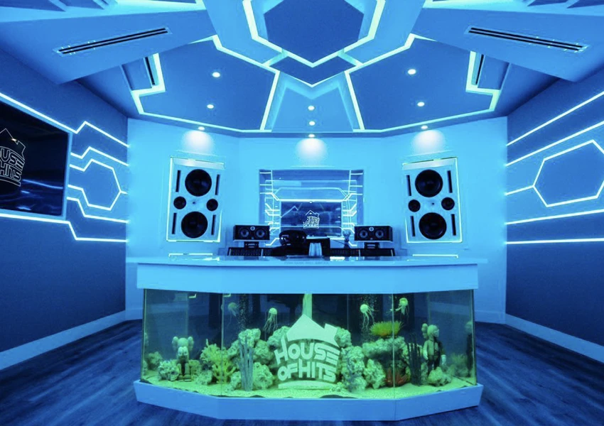 Aquarium integrated below DJ turntables in a custom-designed booth.