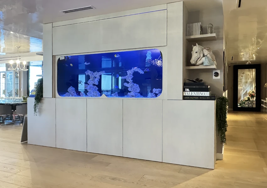 Custom bookshelf-style aquarium in a living space