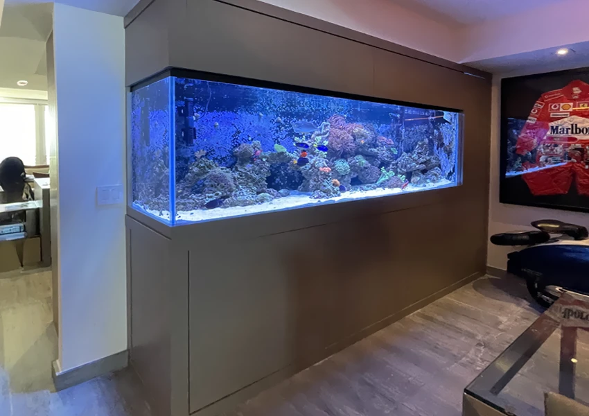 Custom aquarium in a hobby-themed room
