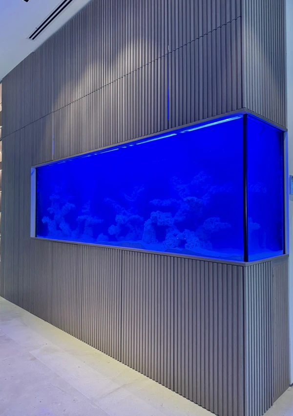 Freestanding aquarium in custom-built cabinet spanning an entire wall