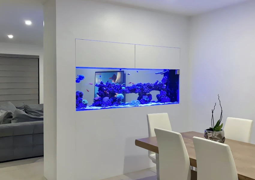 Floor-to-ceiling divider aquarium separating open living areas