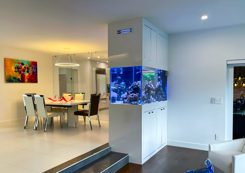 Peninsula-style aquarium dividing kitchen and living areas