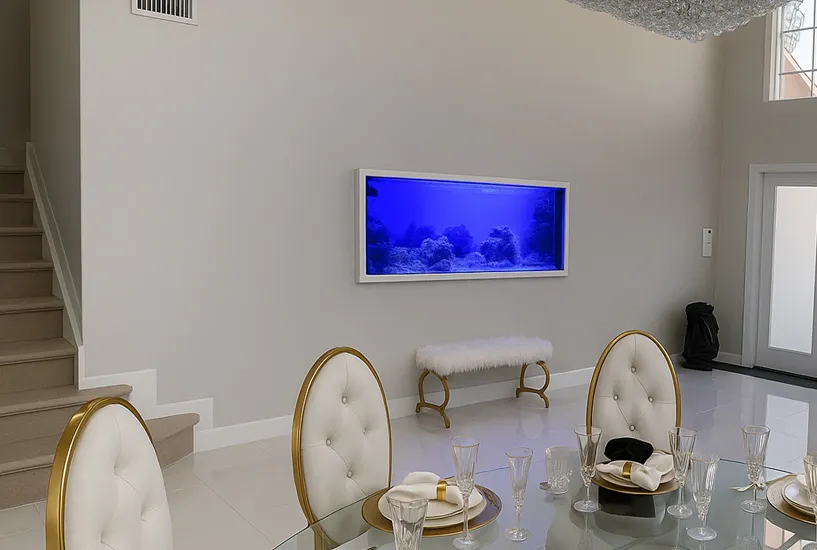 Reef Aquarium Residential-interior Reef aquarium with colorful corals inside Miami house